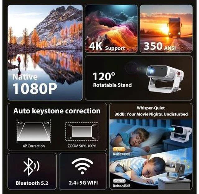Alt view image 5 of 7 - Smart Projector with WiFi 6 and Bluetooth - 4K Support 350Ansi Portable Bedroom Mini Projector Native 1080P , 2026 New Auto Keystone & Zoom Home Theater Cinema Movie Proyector, 120° Stand