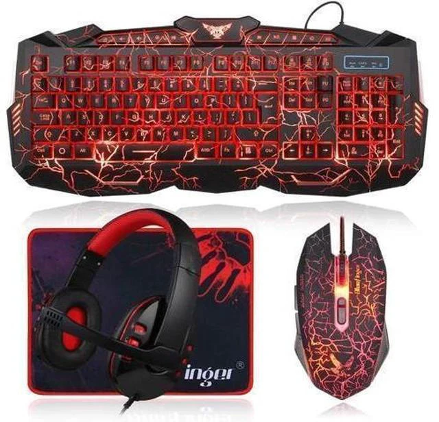 Main image of Gaming Keyboard Mouse Headset Combo,USB Wired Crack Backlit Keyboard,114 Keys Letters Glow LED Keyboard,Red LED Light Headset for Laptop PC Computer Work and Game