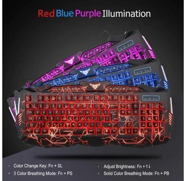Alt view image 2 of 7 - Gaming Keyboard Mouse Headset Combo,USB Wired Crack Backlit Keyboard,114 Keys Letters Glow LED Keyboard,Red LED Light Headset for Laptop PC Computer Work and Game
