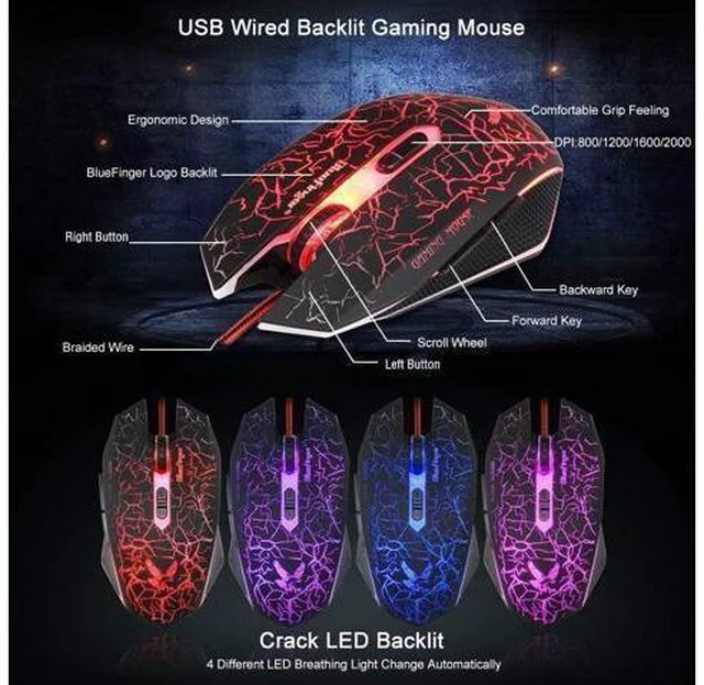 Alt view image 6 of 7 - Gaming Keyboard Mouse Headset Combo,USB Wired Crack Backlit Keyboard,114 Keys Letters Glow LED Keyboard,Red LED Light Headset for Laptop PC Computer Work and Game