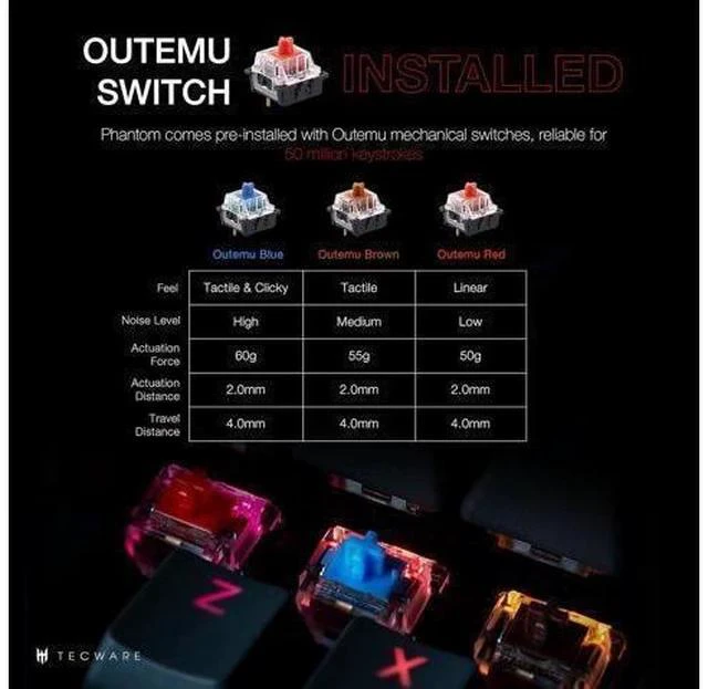 Alt view image 2 of 5 - TECWARE Phantom 87 Key Mechanical Keyboard, RGB led, Outemu RED Switch