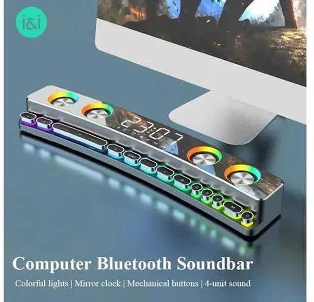 Alt view image 2 of 7 - WISDUM Bluetooth Speaker Wireless Game Speaker soundbar USB 3D Stereo Subwoofer AUX FM Home Clock Indoor Bluetooth Sound Bar Computer Loudspeaker 3600mAh RGB PC Gaming Speaker with Wireless Bluetooth