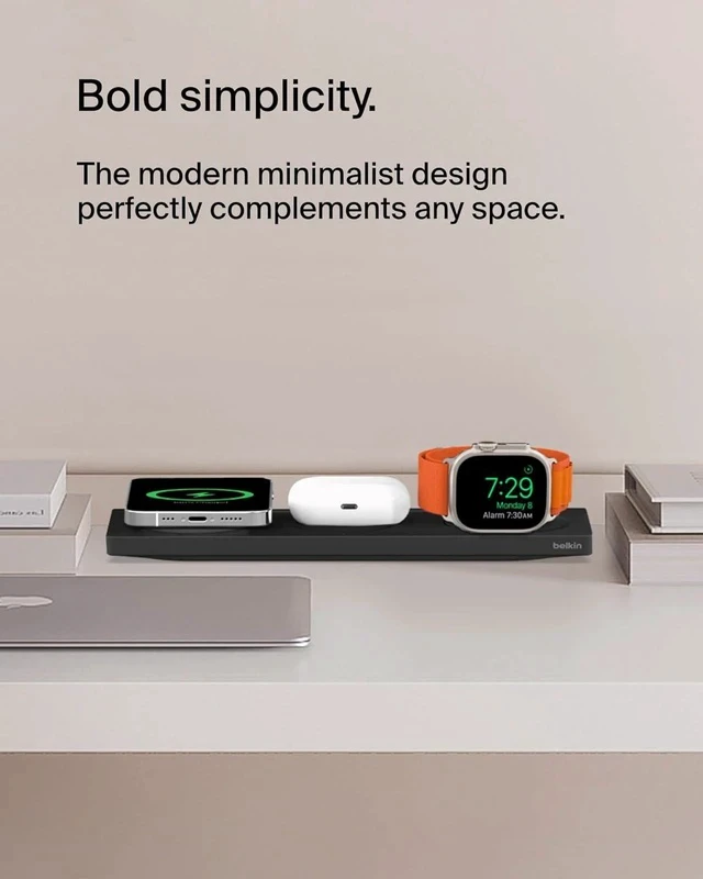 Alt view image 5 of 6 - MagSafe 3-in-1 Wireless Charging Pad - Fast Wireless Charging for Watch iPhone 17 iPhone 16 iPhone 15 & iPhone 14 Series & AirPods - Charging Station for Multiple Devices - Black