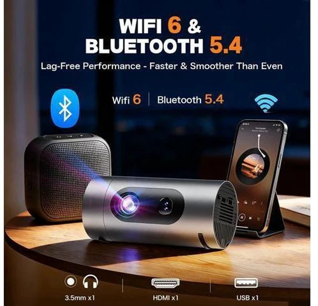 Alt view image 3 of 7 - Smart Projector with WiFi and Bluetooth, Mini Projector Supports 4K 1080P, Portable Movie Projectors Built-in Apps, Compatible with HDMI/USB/Smartphone/TV Box/Laptop for Bedroom, Office, Outdoor Use