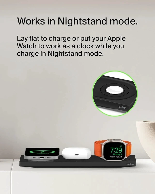 Alt view image 6 of 6 - MagSafe 3-in-1 Wireless Charging Pad - Fast Wireless Charging for Watch iPhone 17 iPhone 16 iPhone 15 & iPhone 14 Series & AirPods - Charging Station for Multiple Devices - Black
