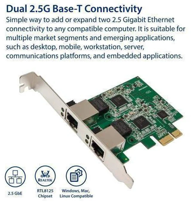 Alt view image 2 of 5 - Syba Dual 2.5 Gigabit Ethernet PCI-E Network Expansion Card RJ45 LAN Adapter Low Profile Bracket SD-PEX24066