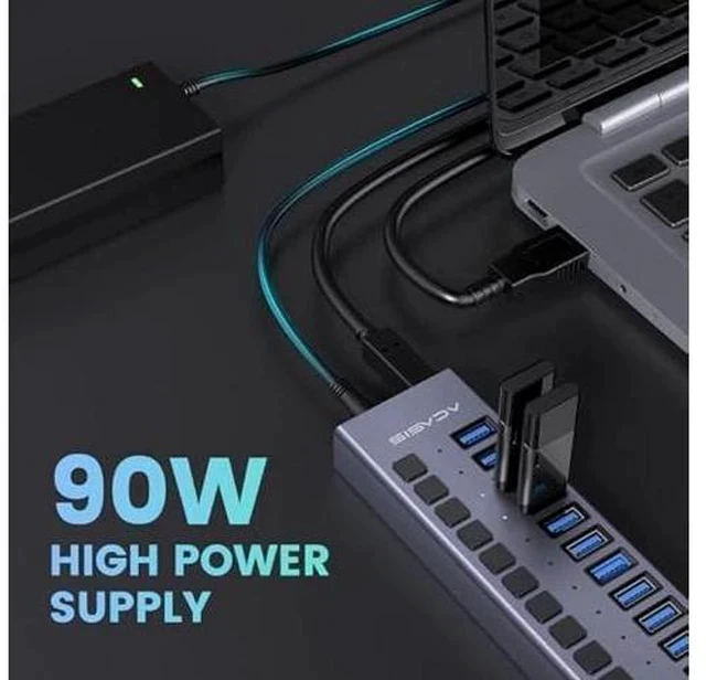 Alt view image 2 of 7 - 90W Powered USB Hub - ACASIS 16 Ports USB 3.0 Data Port, Aluminum Housing, Individual On/Off Switches, 12V/7.5A Power Adapter, USB Splitter for Laptop, PC, Computer, Printer
