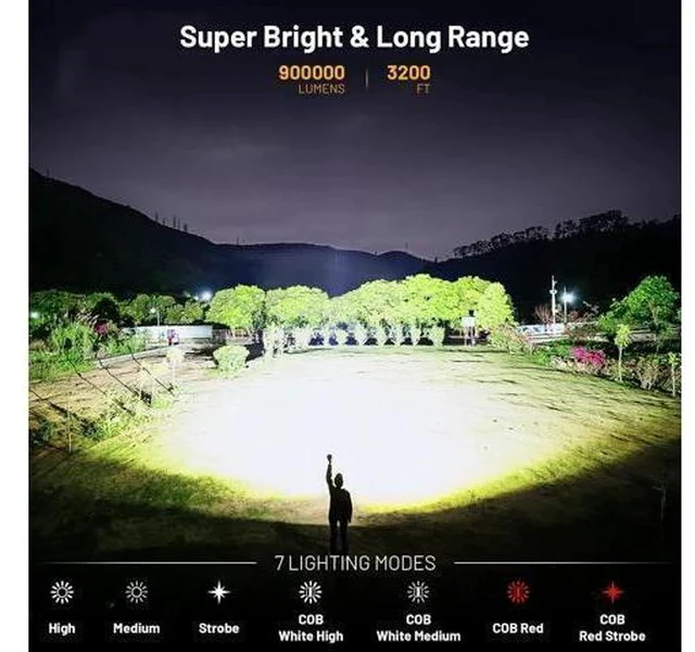 Alt view image 2 of 7 - Rechargeable Flashlights High Lumens 2 Pack 900 000 Lumen Super Bright Flashlight Led Flash Light 7 Modes with COB Work Light IPX6 Waterproof for Outdoor Camping Hiking