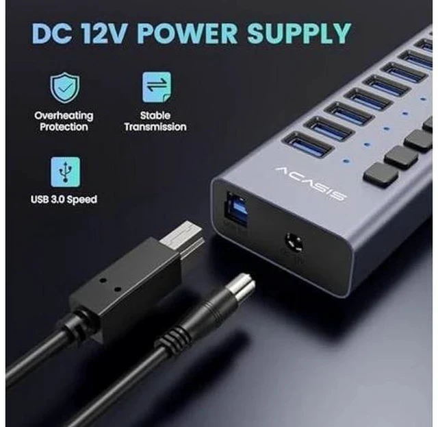Alt view image 4 of 7 - 90W Powered USB Hub - ACASIS 16 Ports USB 3.0 Data Port, Aluminum Housing, Individual On/Off Switches, 12V/7.5A Power Adapter, USB Splitter for Laptop, PC, Computer, Printer