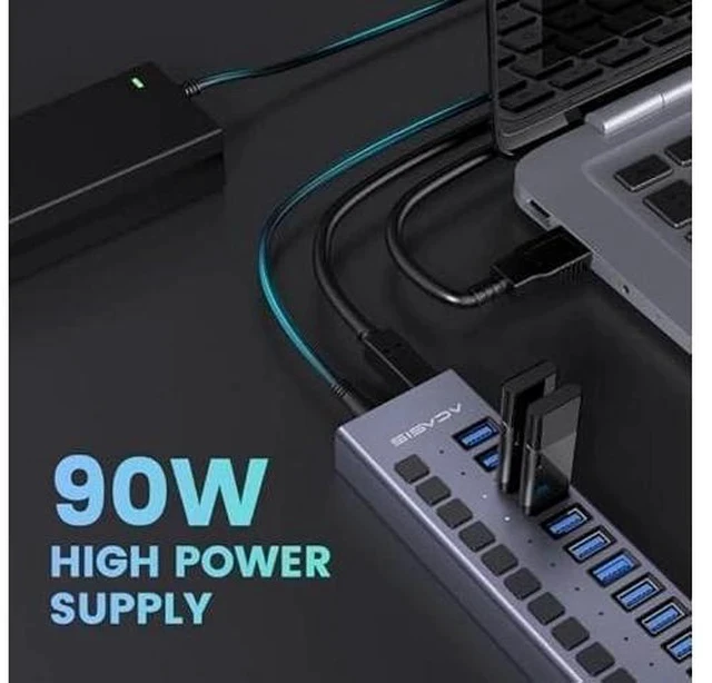 Alt view image 7 of 7 - 90W Powered USB Hub - ACASIS 16 Ports USB 3.0 Data Port, Aluminum Housing, Individual On/Off Switches, 12V/7.5A Power Adapter, USB Splitter for Laptop, PC, Computer, Printer
