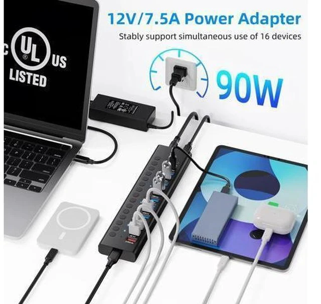 Alt view image 3 of 7 - Powered USB 3.0 Hub 16-Port USB C Hub Splitter (10 USB 3.0+2 QC 3.0+2 Smart Charging+2 USB-C 3.0) with Individual Switches 12V 7.5A 90W UL Certified Power Adapter for Laptop Mac PC Computer