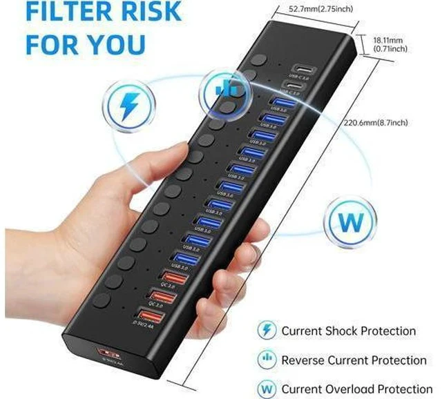 Alt view image 7 of 7 - Powered USB 3.0 Hub 16-Port USB C Hub Splitter (10 USB 3.0+2 QC 3.0+2 Smart Charging+2 USB-C 3.0) with Individual Switches 12V 7.5A 90W UL Certified Power Adapter for Laptop Mac PC Computer