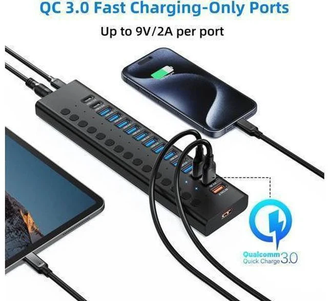Alt view image 5 of 7 - Powered USB 3.0 Hub 16-Port USB C Hub Splitter (10 USB 3.0+2 QC 3.0+2 Smart Charging+2 USB-C 3.0) with Individual Switches 12V 7.5A 90W UL Certified Power Adapter for Laptop Mac PC Computer