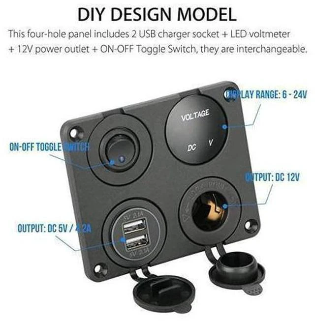 Alt view image 3 of 7 - 4 in 1 Charger Socket Panel 12V 42A Dual USB Charger Socket Power Outlet LED Voltmeter Cigarette Lighter Socket LED Lighted ON Off Rocker Toggle Switch for Car Marine Boat RV Truck
