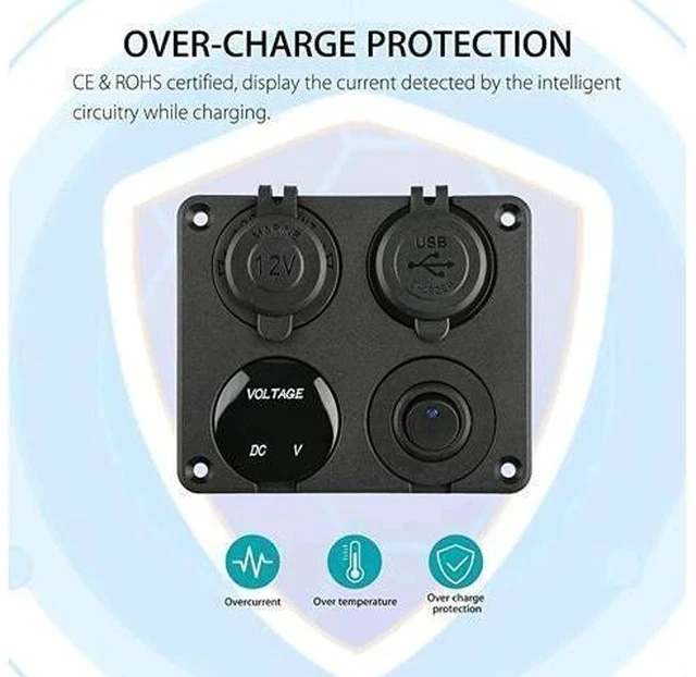 Alt view image 4 of 7 - 4 in 1 Charger Socket Panel 12V 42A Dual USB Charger Socket Power Outlet LED Voltmeter Cigarette Lighter Socket LED Lighted ON Off Rocker Toggle Switch for Car Marine Boat RV Truck