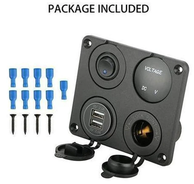 Alt view image 7 of 7 - 4 in 1 Charger Socket Panel 12V 42A Dual USB Charger Socket Power Outlet LED Voltmeter Cigarette Lighter Socket LED Lighted ON Off Rocker Toggle Switch for Car Marine Boat RV Truck