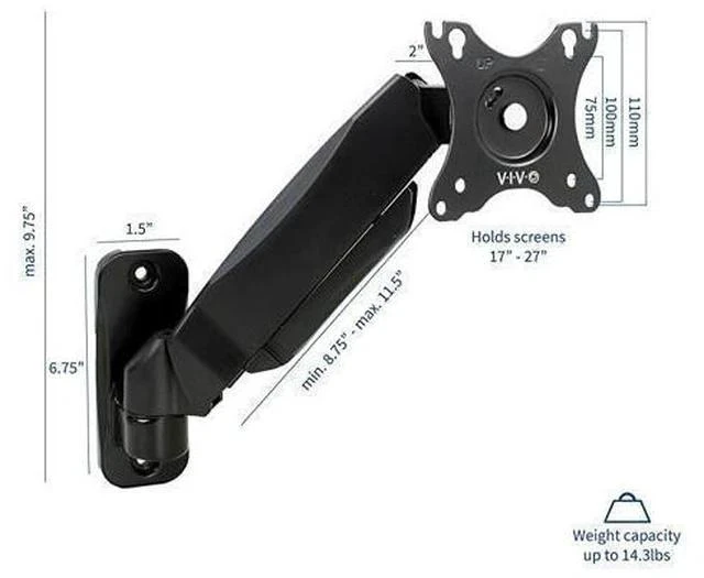 Alt view image 2 of 7 - Black Height Adjustable Pneumatic Arm Single Monitor Wall Mount Full Motion Articulating | fits 17 to 27 inch Screen MOUNTV001A