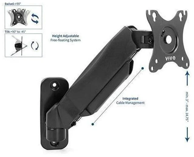 Alt view image 3 of 7 - Black Height Adjustable Pneumatic Arm Single Monitor Wall Mount Full Motion Articulating | fits 17 to 27 inch Screen MOUNTV001A