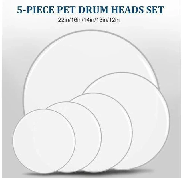 Alt view image 5 of 7 - 5 Pieces Drum Heads, 12" 13" 14" 16" 22" PET Drum Head Set, Standard Drumhead Pack Fit for Rock & Metal - White