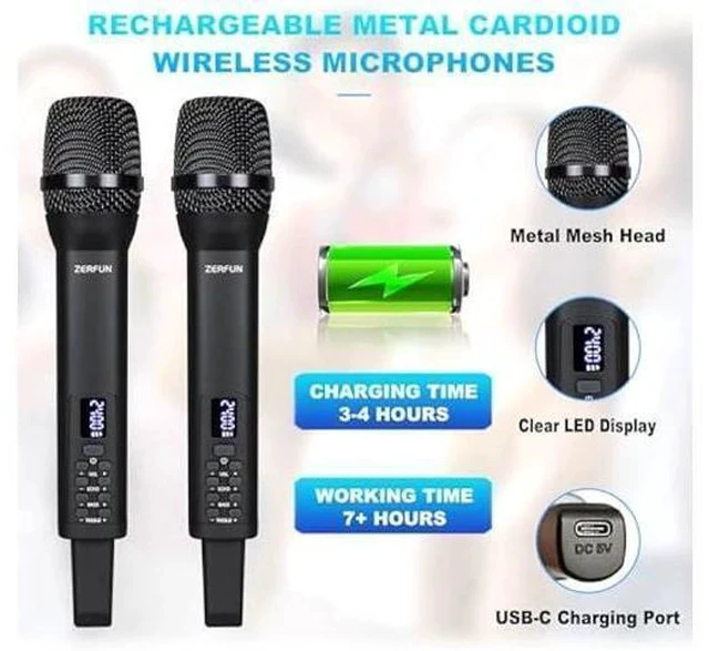 Alt view image 3 of 7 - Dual Rechargeable Wireless Microphones, Pro Handheld Cordless Mics System with Echo Treble BASS VOL Control for Karaoke Singing Church Party, 1/4'' Output, Black