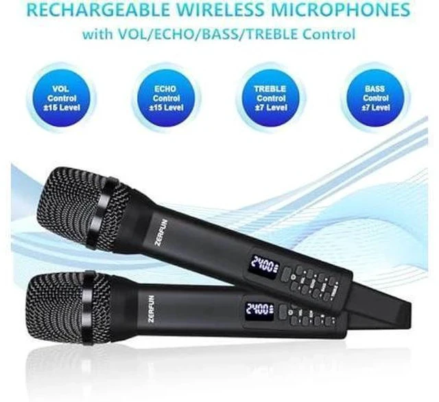 Alt view image 4 of 7 - Dual Rechargeable Wireless Microphones, Pro Handheld Cordless Mics System with Echo Treble BASS VOL Control for Karaoke Singing Church Party, 1/4'' Output, Black