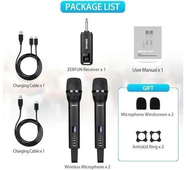 Alt view image 7 of 7 - Dual Rechargeable Wireless Microphones, Pro Handheld Cordless Mics System with Echo Treble BASS VOL Control for Karaoke Singing Church Party, 1/4'' Output, Black