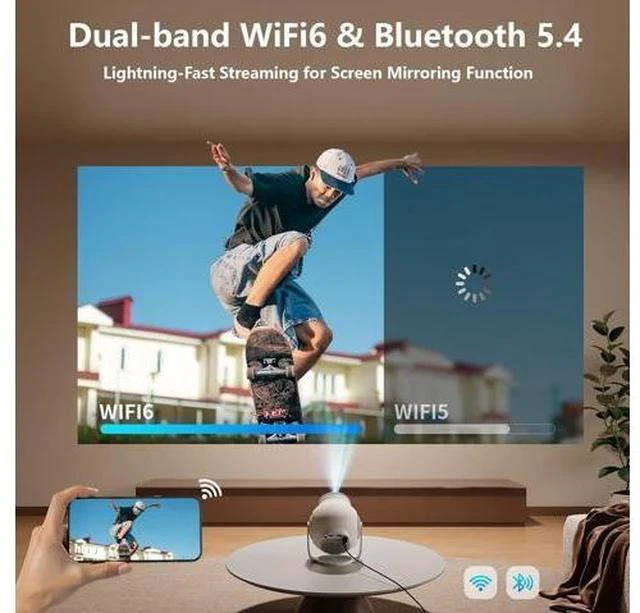 Alt view image 5 of 7 - Smart Mini Projector with Android 14 OS, 1080P/4K/8K Video Decoding, WiFi 6 & Bluetooth 5.4, 270° Rotatable Stand, Auto Vertical Keystone, Portable Proyector for Bedroom & Home Entertainment