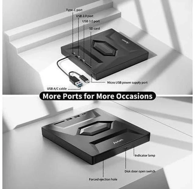 Alt view image 2 of 5 - External CD/DVD Drive for Laptop - 5 in 1 USB CD Drive with SD/TF Card Slot USB 3.0 Type A/Type C DVD Player Portable External DVD Burner for Laptop Mac Os Vista Windows 11/10/8.1/8/7 Linux