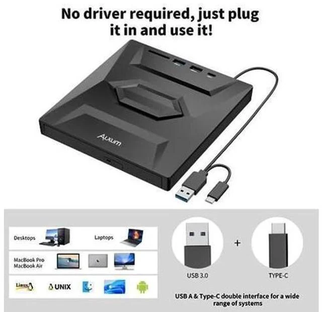Alt view image 4 of 5 - External CD/DVD Drive for Laptop - 5 in 1 USB CD Drive with SD/TF Card Slot USB 3.0 Type A/Type C DVD Player Portable External DVD Burner for Laptop Mac Os Vista Windows 11/10/8.1/8/7 Linux