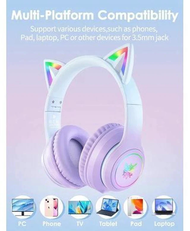 Alt view image 4 of 7 - ONITOON Cat Ear Bluetooth Headphones with Micphone for Kids and Adults, LED Light Up Wireless HI-FI Sound Quality, Over-Ear Headphones with Volume Control for iPhone/iPad/Laptop/PC(55H Pla (FRKIDD3)