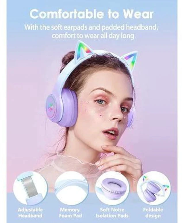 Alt view image 5 of 7 - ONITOON Cat Ear Bluetooth Headphones with Micphone for Kids and Adults, LED Light Up Wireless HI-FI Sound Quality, Over-Ear Headphones with Volume Control for iPhone/iPad/Laptop/PC(55H Pla (FRKIDD3)