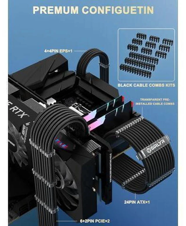 Alt view image 7 of 7 - PSU Cable Extension Kit Customed PC Power Supply Extend Mod 16AWG with 24 Pin ATX × 1/8 Pin EPS × 1/ Gold-Plated 8Pin Pcie × 2,Soft Nylon Braided Black