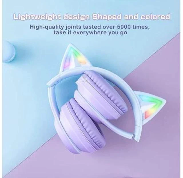 Alt view image 6 of 7 - SIMGAL Bluetooth Cat Ear Headphones for Kids, Wireless & Wired Mode Foldable Headset with Mic, RGB LED Light, for Girls School Gaming, Compatible with Mobile Phones PC Tablet