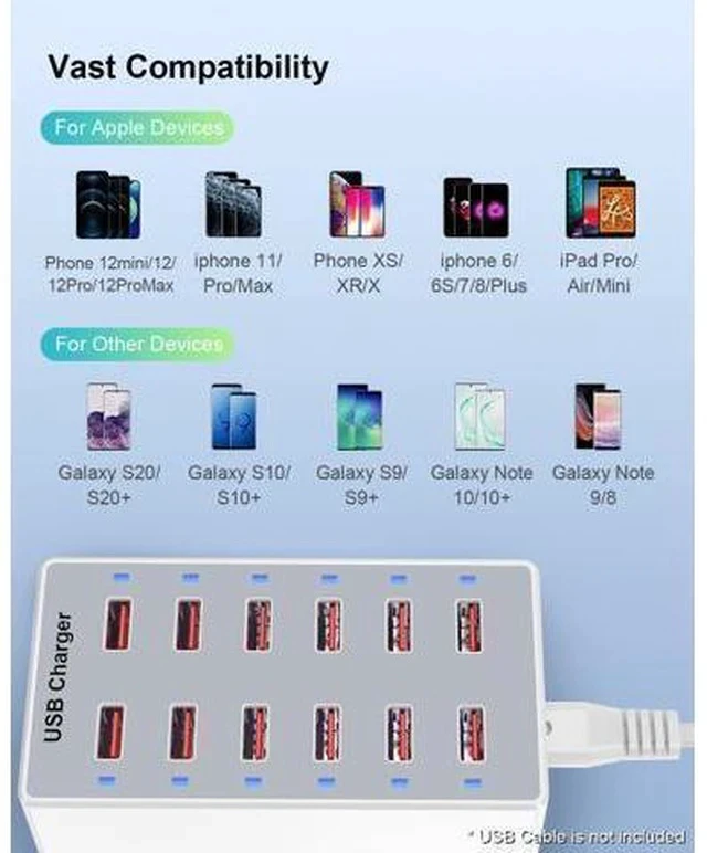 Alt view image 6 of 7 - USB Charger 12-Ports USB Charging Station for Multiple Devices USB Wall Charger Power Hub Strip Smart Plug Charging Dock Block for iPhone Xs/XR,iPad,iPod,Galaxy S9/S8,Laptops and Smart Phones 60W