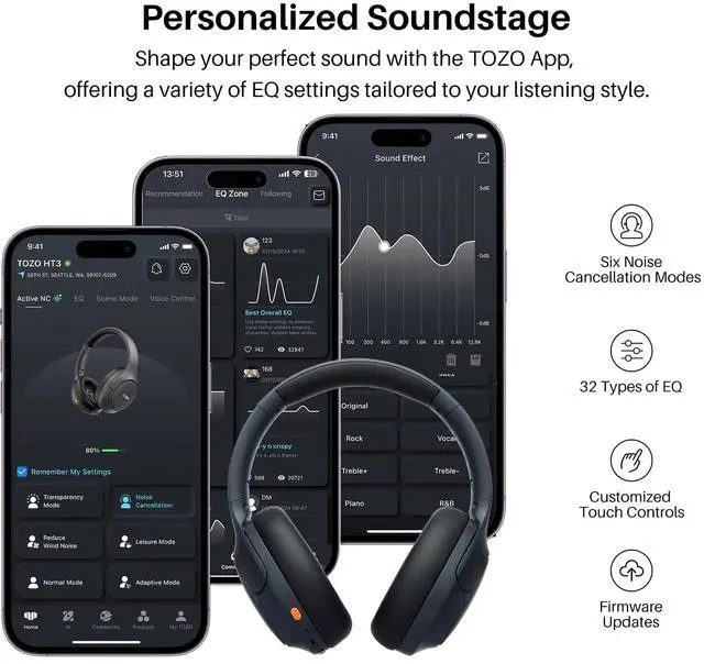 Alt view image 7 of 7 - HT3 Hybrid Noise Cancelling Headphones, 90H Battery Life Wireless Over Ear Bluetooth 6.0 Foldable Headset, AI Voice Assistant with 5 Mics, Connect 2 Devices and Hi-Res Sound, 32 EQ Audio Presets