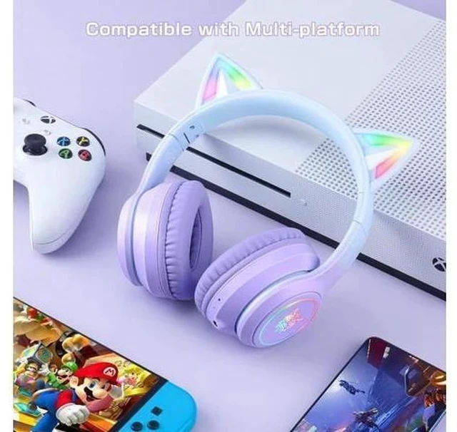 Alt view image 7 of 7 - SIMGAL Bluetooth Cat Ear Headphones for Kids, Wireless & Wired Mode Foldable Headset with Mic, RGB LED Light, for Girls School Gaming, Compatible with Mobile Phones PC Tablet