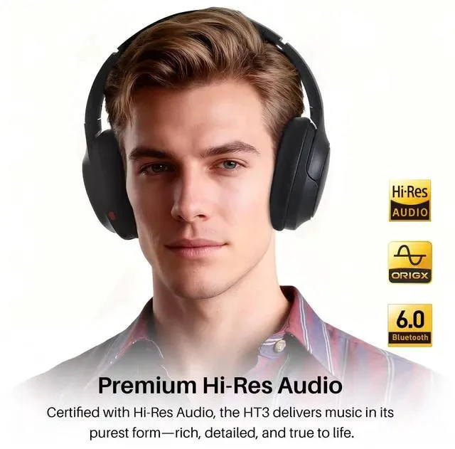 Alt view image 3 of 7 - HT3 Hybrid Noise Cancelling Headphones, 90H Battery Life Wireless Over Ear Bluetooth 6.0 Foldable Headset, AI Voice Assistant with 5 Mics, Connect 2 Devices and Hi-Res Sound, 32 EQ Audio Presets