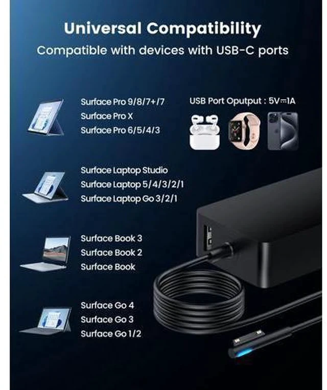 Alt view image 3 of 7 - 102W Surface Book 2 Charger, for Microsoft Surface Laptop Studio, Surface Laptop 3 4 5, Windows Surface Pro/Go, Fast Charge 9.19Ft Super Long Cable with Magnetic Plug & LED