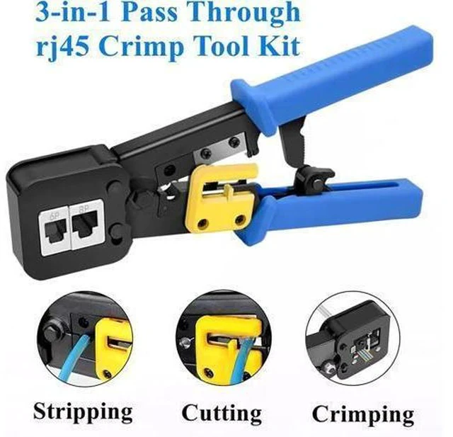 Alt view image 2 of 7 - RJ45 Crimping Tool for Cat6 Cat5e Cat5, Sturdy Crimper for rj45 rj12/11 Pass-Through Connectors with 50pcs rj45 Cat5e Pass-Through Connectors, 50pcs Covers, Wire Stripper; Network Cable Tester