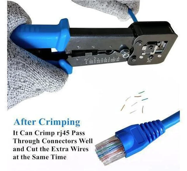 Alt view image 4 of 7 - RJ45 Crimping Tool for Cat6 Cat5e Cat5, Sturdy Crimper for rj45 rj12/11 Pass-Through Connectors with 50pcs rj45 Cat5e Pass-Through Connectors, 50pcs Covers, Wire Stripper; Network Cable Tester