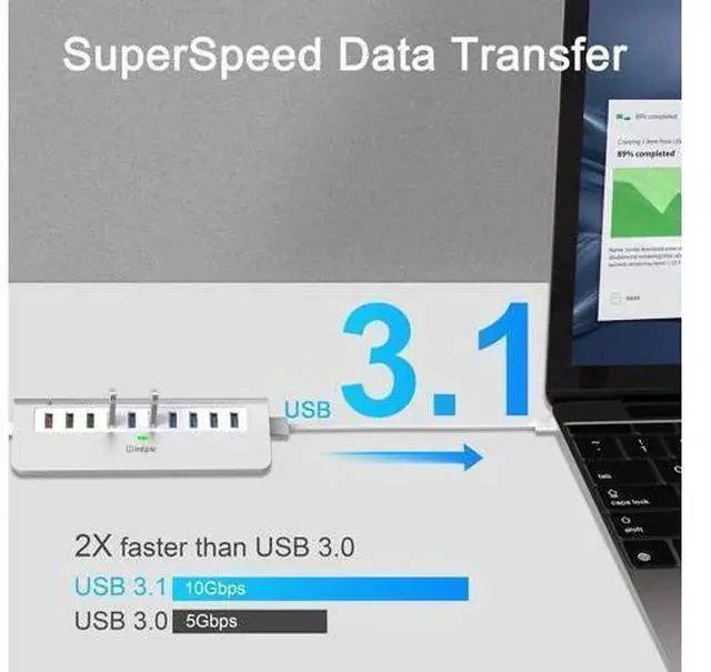 Alt view image 2 of 7 - Powered USB Hub 10Gbps, 10 Port USB 3.1 Gen 2 Hub with 7 USB 3.1 Data Ports, 3 Fast Charging Ports, 36W Power Adapter, Type A and Type C Cable, Aluminum USB Data Hub for Mac, PC, Laptop
