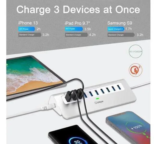 Alt view image 3 of 7 - Powered USB Hub 10Gbps, 10 Port USB 3.1 Gen 2 Hub with 7 USB 3.1 Data Ports, 3 Fast Charging Ports, 36W Power Adapter, Type A and Type C Cable, Aluminum USB Data Hub for Mac, PC, Laptop