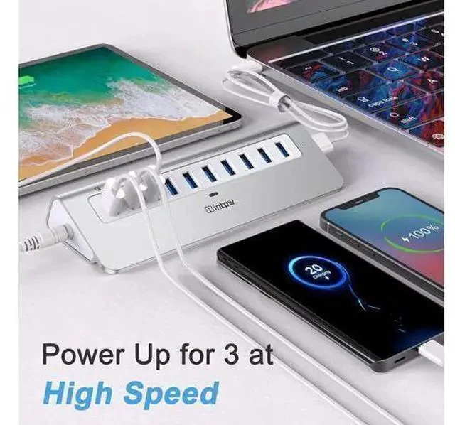 Alt view image 6 of 7 - Powered USB Hub 10Gbps, 10 Port USB 3.1 Gen 2 Hub with 7 USB 3.1 Data Ports, 3 Fast Charging Ports, 36W Power Adapter, Type A and Type C Cable, Aluminum USB Data Hub for Mac, PC, Laptop