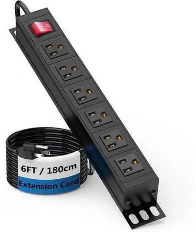 Main image of 6 Outlet Power Strip, Metal Mountable Power Strip Surge Protector, Heavy Duty Wall Mount Power Outlet for Commercial, Industrial, Workshop, 6FT Power Cord, 15A/125V 1875W (Black 6FT)