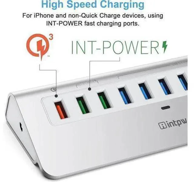 Alt view image 5 of 7 - Powered USB Hub 10Gbps, 10 Port USB 3.1 Gen 2 Hub with 7 USB 3.1 Data Ports, 3 Fast Charging Ports, 36W Power Adapter, Type A and Type C Cable, Aluminum USB Data Hub for Mac, PC, Laptop