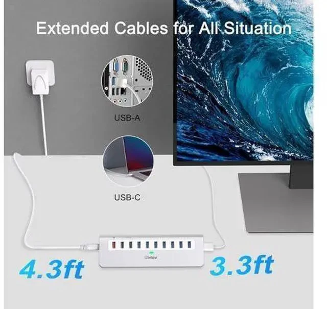 Alt view image 4 of 7 - Powered USB Hub 10Gbps, 10 Port USB 3.1 Gen 2 Hub with 7 USB 3.1 Data Ports, 3 Fast Charging Ports, 36W Power Adapter, Type A and Type C Cable, Aluminum USB Data Hub for Mac, PC, Laptop