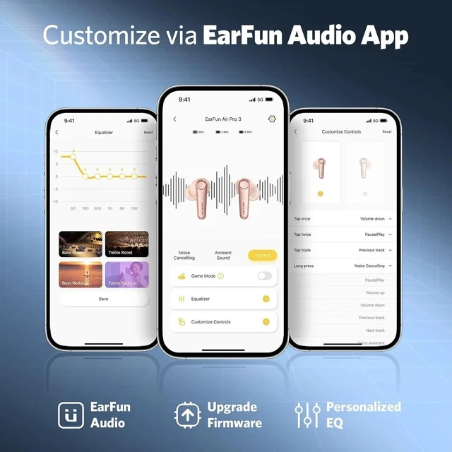 Alt view image 3 of 6 - EarFun Air Pro 3 Noise Cancelling Wireless Earbuds, Qualcomm® aptX Adaptive Sound, 6 Mics CVC 8.0 ENC, Bluetooth 5.3 Earbuds, Multipoint Connection, 45H Playtime, App Customize EQ, Pink