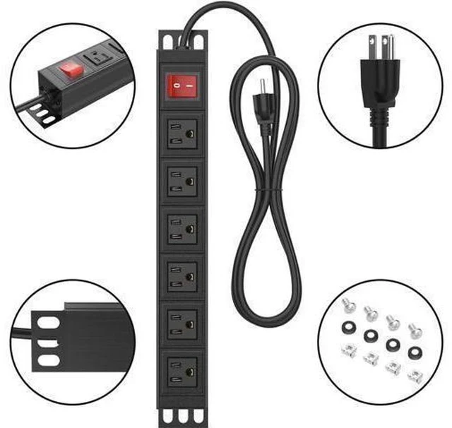 Alt view image 3 of 7 - 6 Outlet Power Strip, Metal Mountable Power Strip Surge Protector, Heavy Duty Wall Mount Power Outlet for Commercial, Industrial, Workshop, 6FT Power Cord, 15A/125V 1875W (Black 6FT)