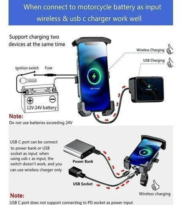 Alt view image 2 of 6 - KEWIG Waterproof Motorcycle Phone Mount Qi 15W Wireless & USB C 20W Fast Chargeing Port Automatically Lock & Quick Release Handlebar Cell Phone Holder for 4-7 Phones