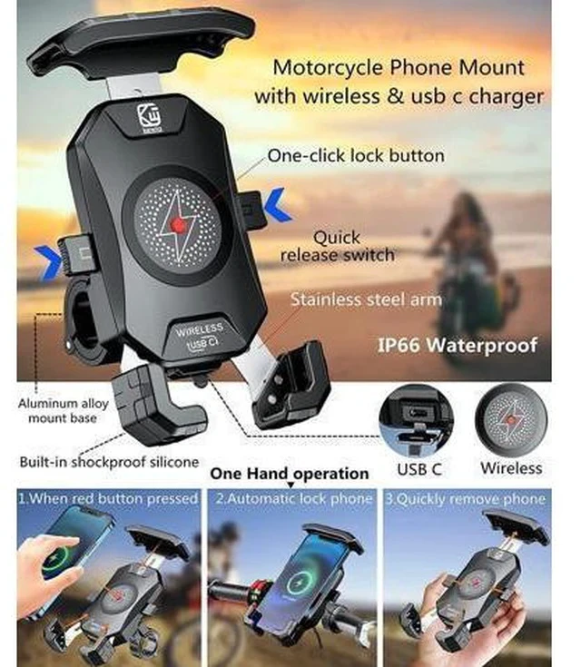 Alt view image 3 of 6 - KEWIG Waterproof Motorcycle Phone Mount Qi 15W Wireless & USB C 20W Fast Chargeing Port Automatically Lock & Quick Release Handlebar Cell Phone Holder for 4-7 Phones